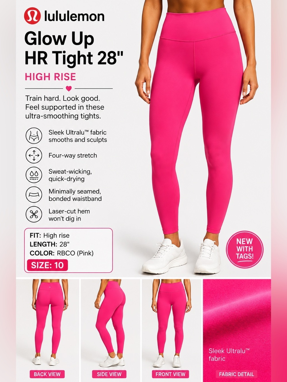 Lululemon Glow Up HR Tight 28” RBCO Pink Size 10 NWT High Rise Sculpting Legging